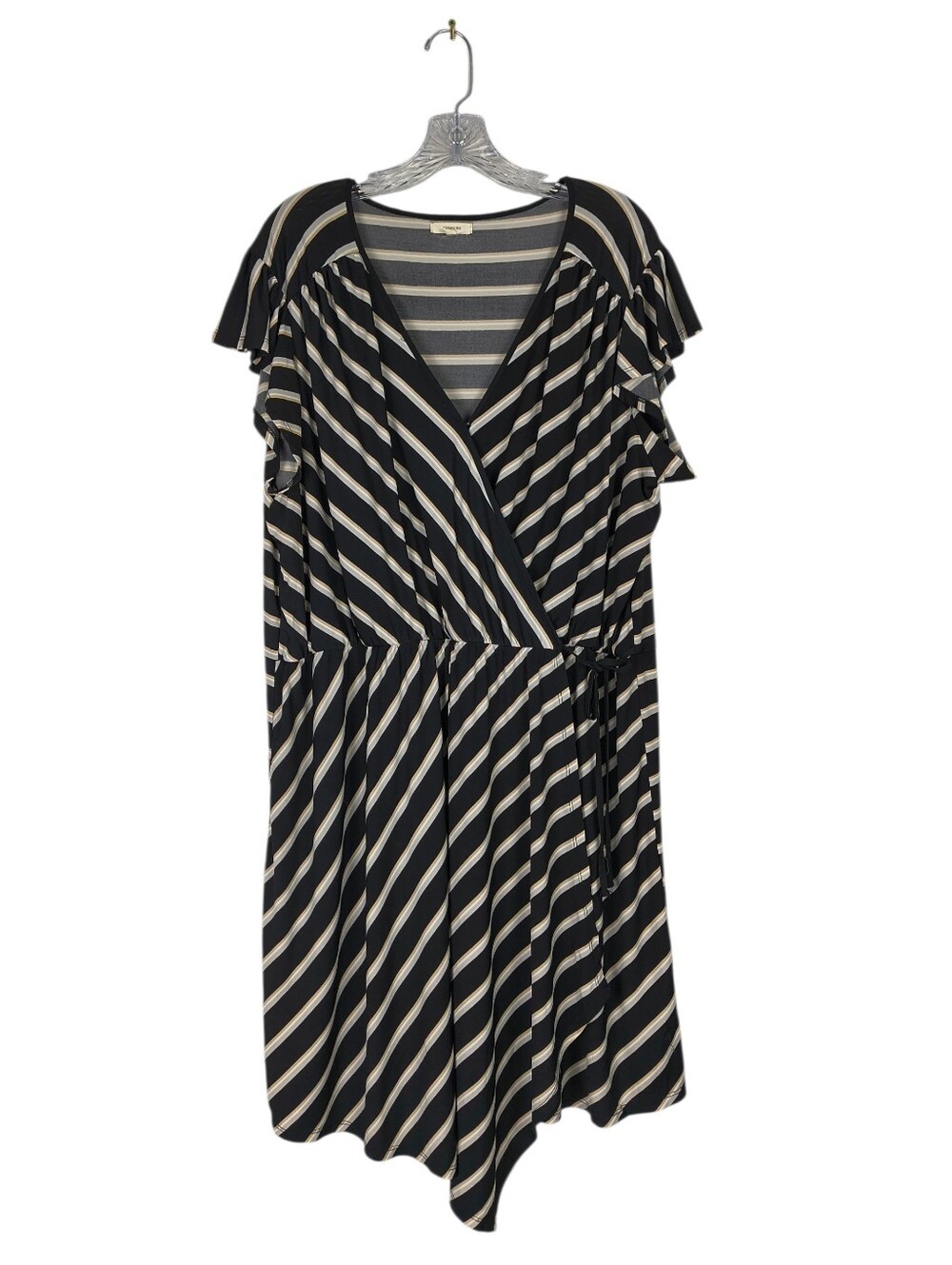 Maurices Wrap Dress Women's 2X Black Tan Stripe Short Flutter Sleeve Casual